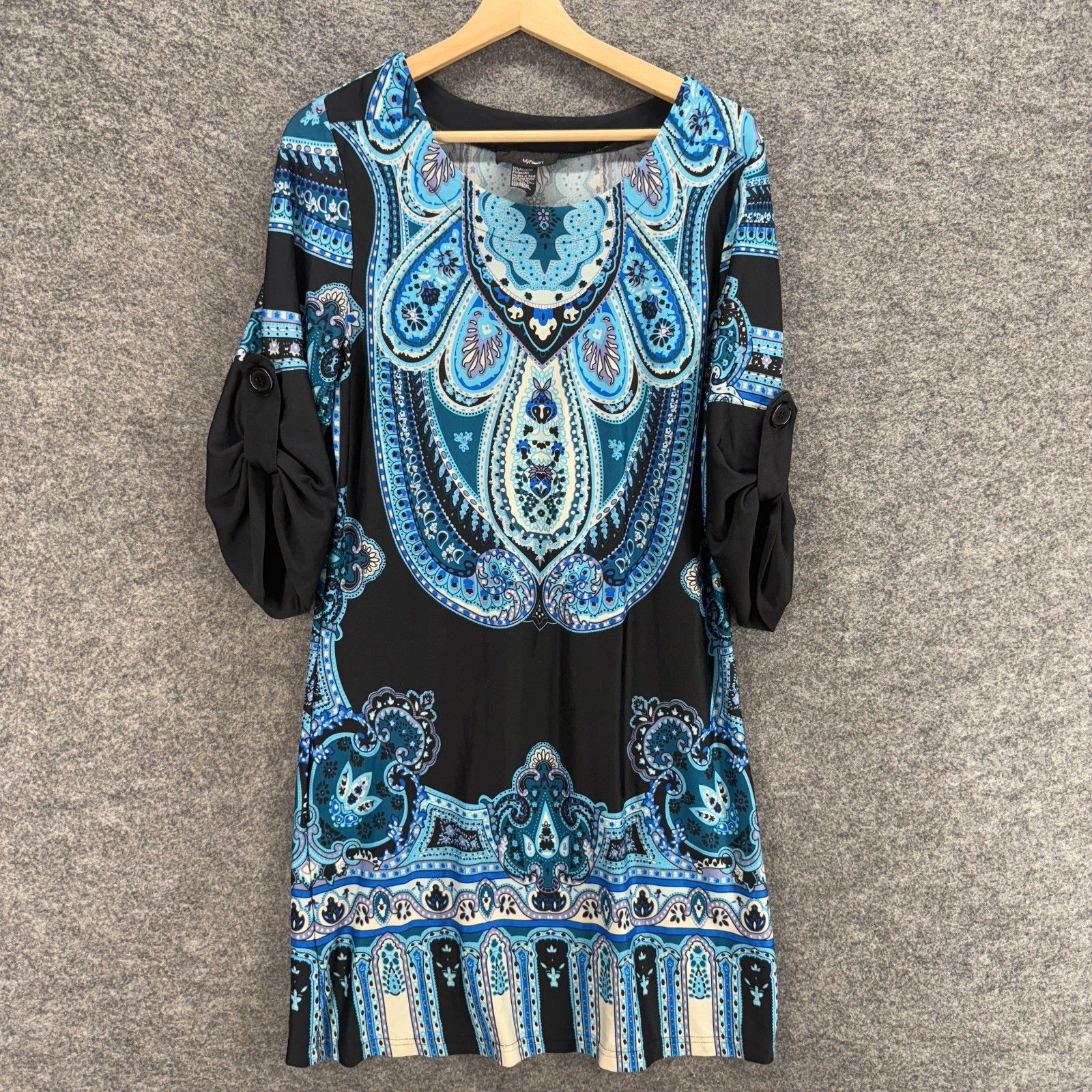 Xlypnotik Dress Women Xl Black Geometric Shift Midi 3/4 Sleeve Round Neck Casual